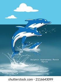 some dolphins are jumping in the blue sea with sunny weather, Dolphin Awareness Month on March
