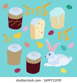 einige Osterkuchen, Kaninchen, Hühner, Eier