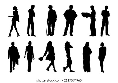 Some fashionable men and women are posing. Black silhouettes.