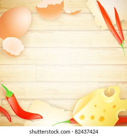 some food elements (egg, cheese and pepper) at wooden background, copyspace
