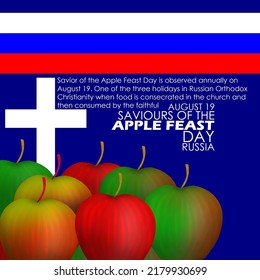 Some fresh apples with cross and flag of Russia with bold text and sentences on blue background to commemorate Saviours of the Apple Feast Day August 19 in Russia