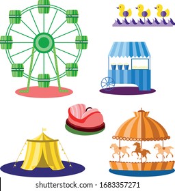 Some fun fair elements in flat design with some stripes. Great wheel, bumper car, pop corn, tent, corrousel, everything to have fun.