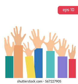 Some hands in colorful clothes up.