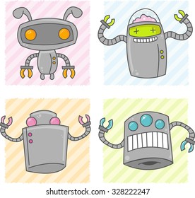 Some happy cute vector robots with claw arms.