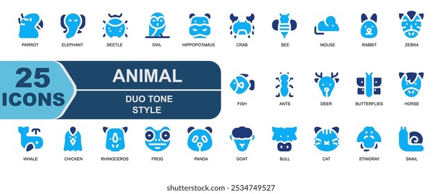 some icons about animals.duo tone blue style.contains parrot,elephant,rabbit,zebra,fish,ants,whale,marine mammal,chicken icons.
