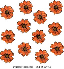 some isolated different orange flowers. Isolated vector illustration. Black-Eyed Susan flower. Gloriosa Daisy blossom. Dwarf Marmalade. Rudbeckia hirta.