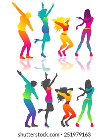 Some isolated  silhouettes of dancing men and women. Joyful and happy people at a disco. Vector color image