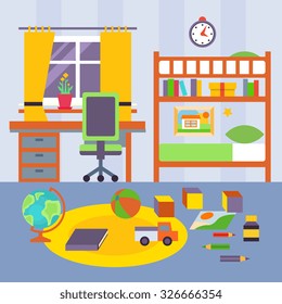 Some Kid Bedroom. Bright vector illustration of a cartoon children bedroom