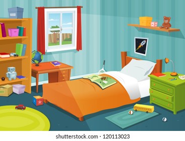 Some Kid Bedroom/ Illustration of a cartoon children bedroom with boy or girl lifestyle elements, toys, bed, books, desk, bookshelf, teddy bear