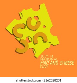 Some macaroni with a few slices of cheese with text on orange background, National Mac and Cheese Day July 14