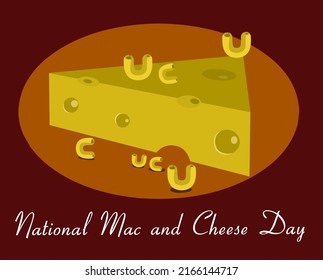 Some macaroni with a few slices of cheese with text on orange background, National Mac and Cheese Day July 14