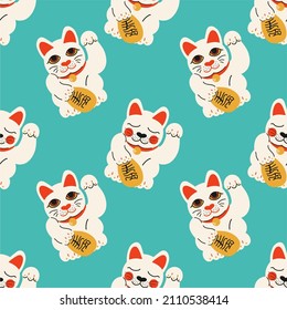Some maneki. Seamless pattern. Hand-drawn, cartoon, flat design. Vector print for fabric and wallpaper.