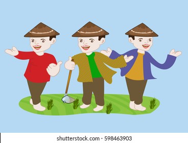 some of many pose of asian farmer. Set of vector flat design illustrations isolated on white background
