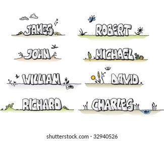 Some of the most common male names drawn by hand.