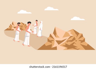 Some muslims walk between the two mountains (called Sa'ee). Hajj and umrah concept. Colored flat vector illustration.