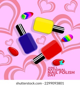 Some nail polishes with fake nails various decorations with hearts and bold text on pink background to commemorate National Nail Polish Day on June 1