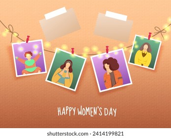 Some Old Memories Pictures of Female Life Cycle Evolution with Lighting Garland and Blank Sticky for Your Message on Orange Brick Wall Background, Happy Women's Day Greeting Card or Poster Design.