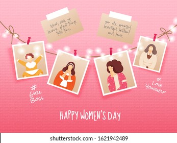 Some Old Memories Pictures Of Women Lifetime With Quotes Messages And Lighting Garland On Pink Brick Wall Background For Happy Women's Day.