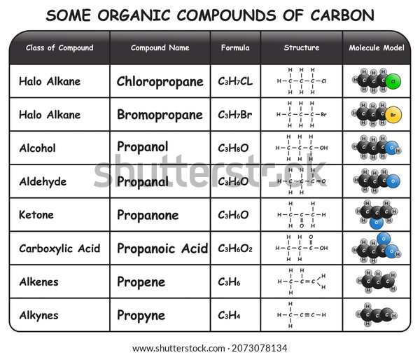 Some Organic Compounds\
of Carbon Infographic Diagram showing table with compound class\
name formula structure and molecule model for chemistry science\
education poster
