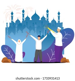 Some people playing firecrackers on eid Mubarak moment. Eid Mubarak flat vector illustration.  Web landing page template.  Suitable for banner, presentation, social or print media.