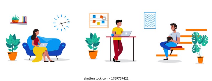 Some people working in friendly open space workplace. Coworking, freelance, teamwork, communication, interaction, idea, independent activity concept. Vector illustration on white background
