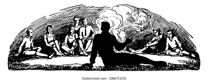 Some peoples are sitting around the fire, vintage line drawing or engraving illustration.