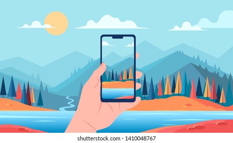 Some person makes a photo of mountains lake nature by phone 