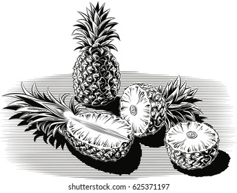 Some pineapple on a white background.