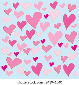 Some pinky heart shape in various size on a seamless  blue background, draw in eps10