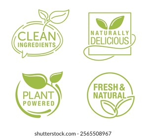 Some popular eco slogans in organic style - Clean Ingredients, Naturally Delicious, Plant Powered, Fresh and Natural. Badges for eco-friendly products labeling