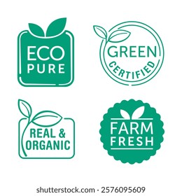 Some popular eco slogans in organic style - Eco pure, Green certified, Real and organic, Farm fresh. Badges for eco-friendly products labeling