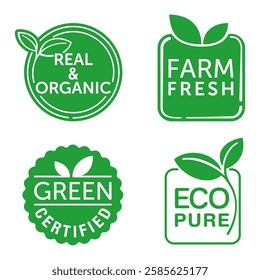 Some popular eco slogans in organic style - Eco pure, Green certified, Real and organic, Farm fresh. Badges for eco-friendly products labeling