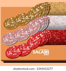 Some processed meat called Salami with different flavors on wooden plate with bold text on light brown background to celebrate National Salami Day on September 7