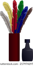Some quills in a pen holder and an ink bottle. Vector.