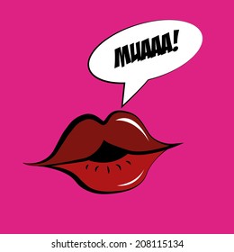 some red lips in a purple background throwing a kiss