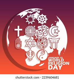 Some religious symbols with globe and bold text on gradient background to commemorate World Religion Day on January 15