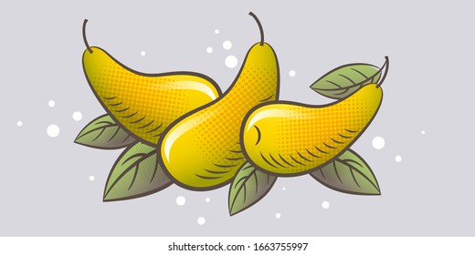 Some ripe pears on a light background. Ripe fruits and leaves illustration. Organic farm products. 