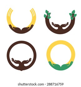 Some round symbols with human palms for design / There are circle and half-circle shapes with human palms in them
