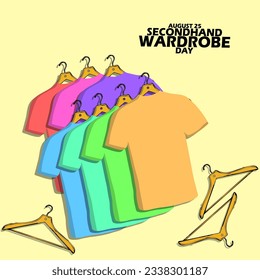 Some second-hand clothes worth wearing with hangers and bold text on a light yellow background to commemorate National Secondhand Wardrobe Day on August 25