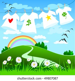 Some shirts hung out to dry with drawn symbols of success, vector