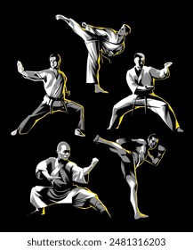 Einige Silhouetten-Martial-Arts-Bild-Icons bestehen aus drei Farben, die sich als Teil des Logos für eine Martial-Arts-Gemeinschaft oder eine Martial-Arts-Schule eignen.