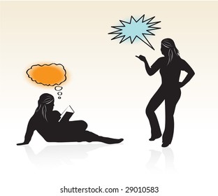 Some silhouettes of school girls with thought bubbles.
