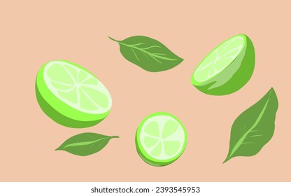 some sliced lime and leaves, with a brown background