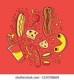 Some snack, fast food and sweets vector illustration.