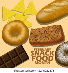 Some snacks such as dry bread, donuts, chips, pieces of bread and chocolate bars with bold text on light brown background to celebrate Snack Food Month on February