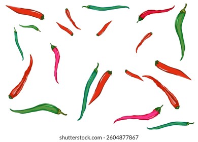 some spicy red and green chilies without background