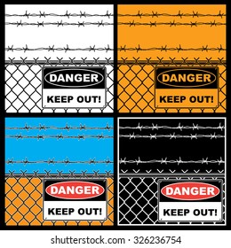 Some stylized vector illustrations of danger sign on chain link fence