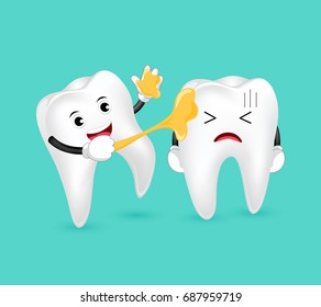 Some sweets stick on funny cartoon tooth character. Dental care concept. Illustration isolated on green background.