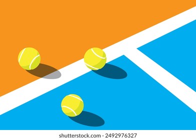 some tennis balls resting on the lines of the edges of the court