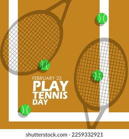 Some tennis balls with shadow of tennis racket on tennis court and bold text to commemorate Play Tennis Day on February 23
